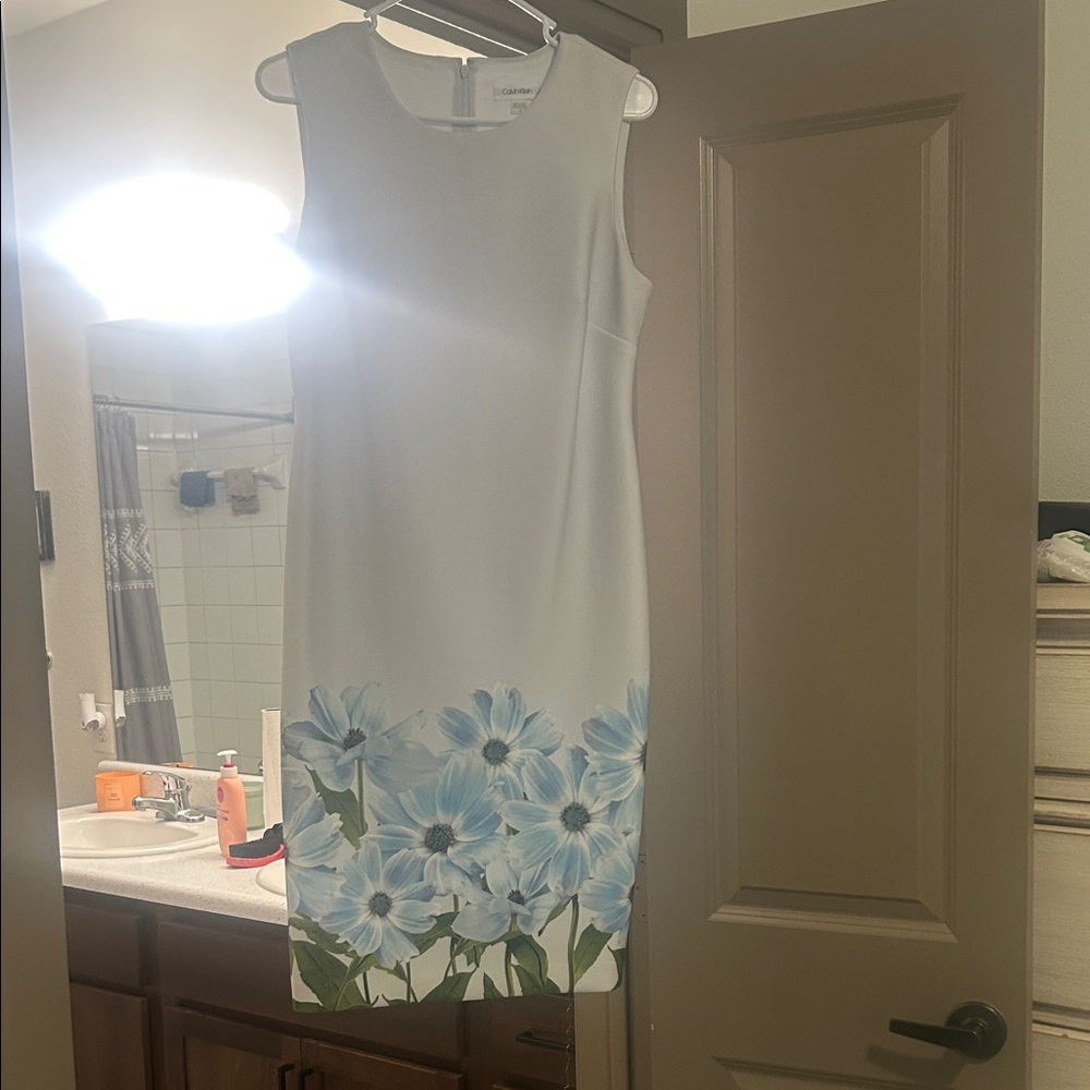 Calvin Klein Ivory Dress with Blue Floral Pattern